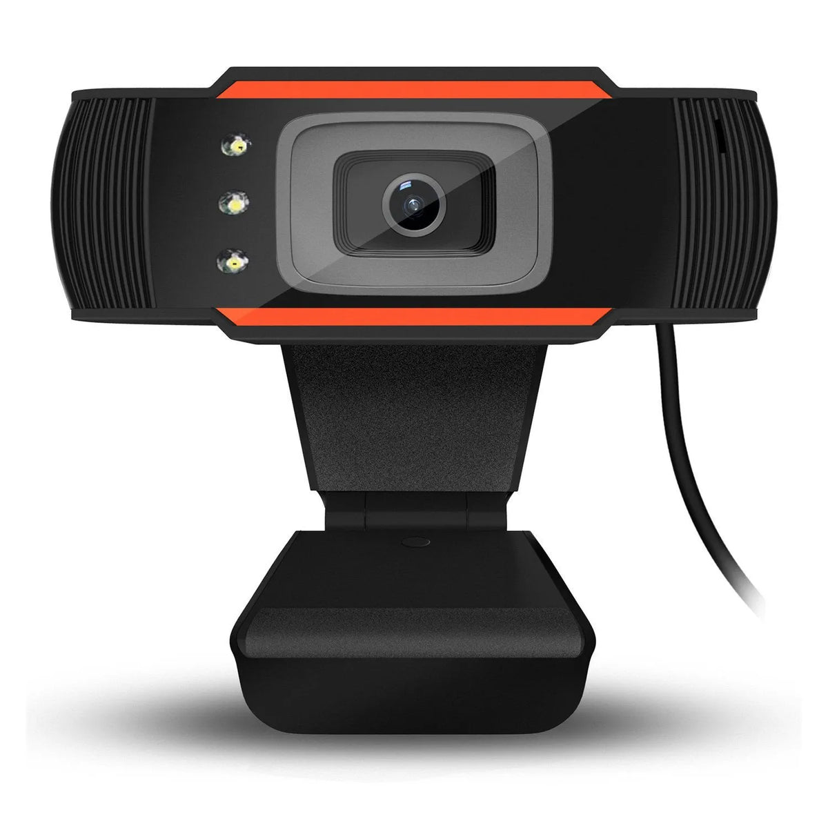 Black USB webcam with LED fill light on a desktop computer, showing built-in light ring and compact ABS housing
