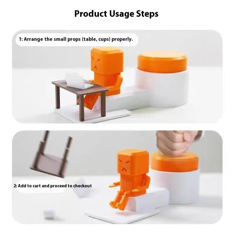 Orange plastic vent decompression toy on a table, dimensions 16cm by 6cm by 7cm.