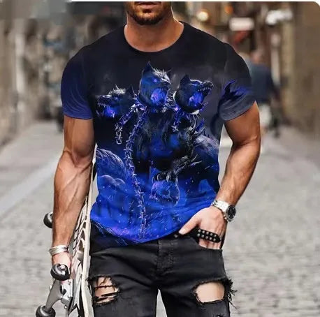 Men's black T-shirt with a large, detailed 3D lion print on the chest