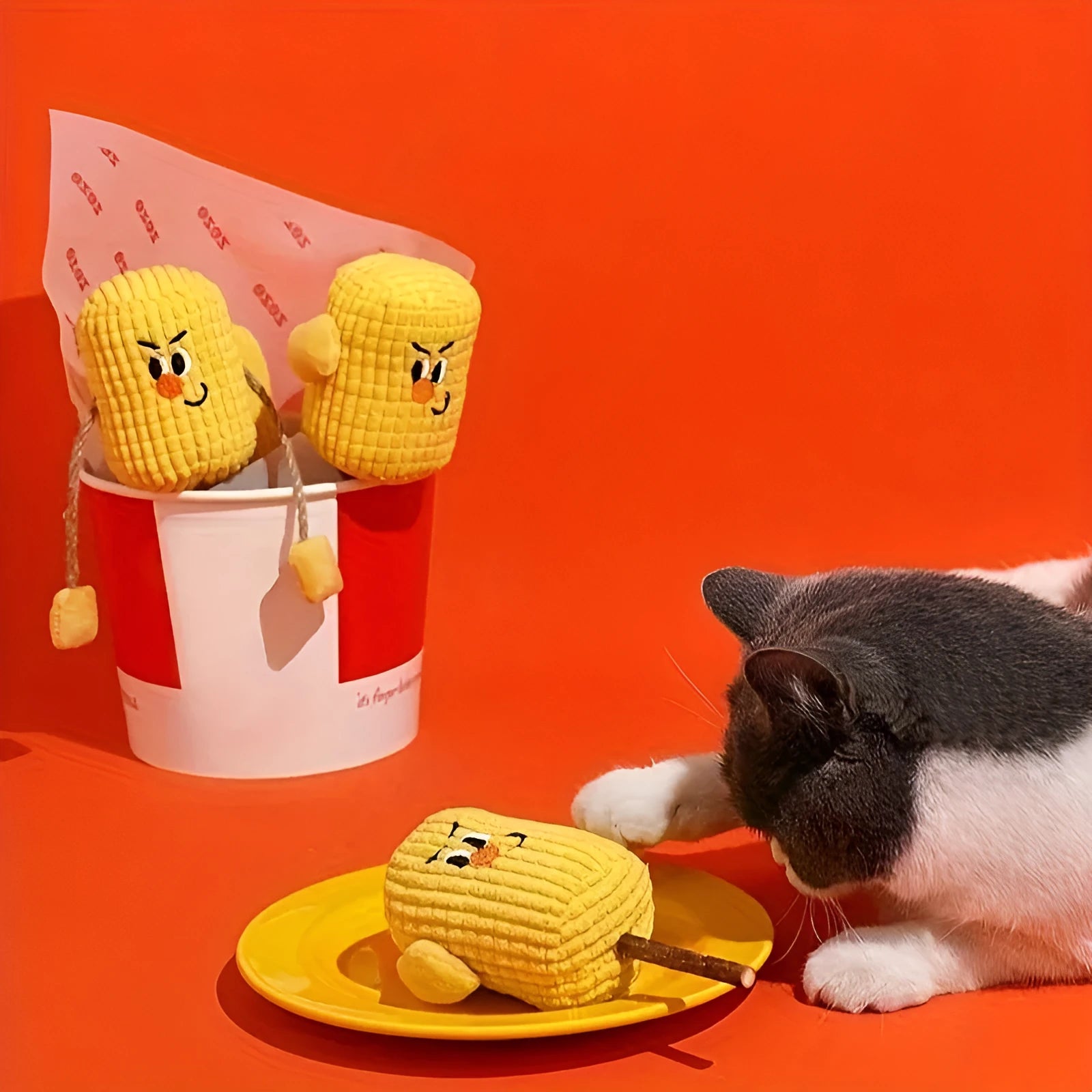 Natural corn cob and wood cat chew toy with catnip for dental hygiene, shown with dimensions 7cm by 6cm by 15cm.