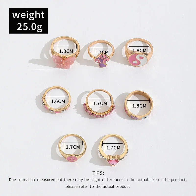 European American style colour dripping ring set 8 pieces zinc alloy with plant flower design