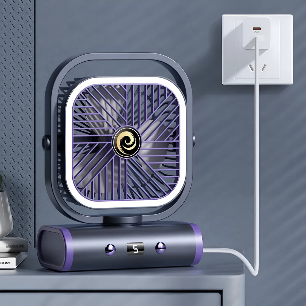 Rechargeable shaking head desktop fan in greyish purple with USB cable, 240x180x96 mm size