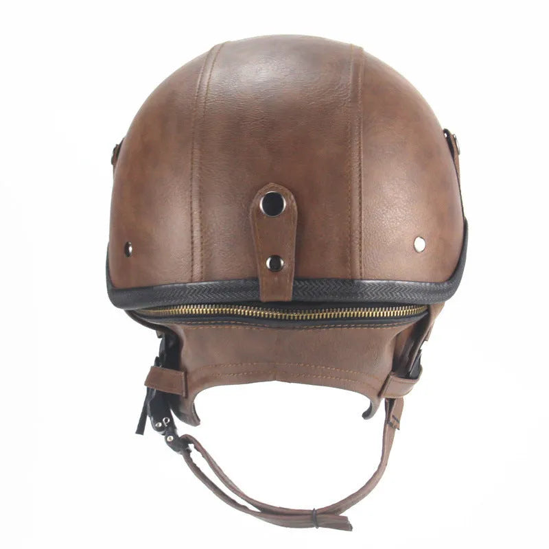 Retro-style half-pedal motorcycle helmet in black artificial leather with handmade construction