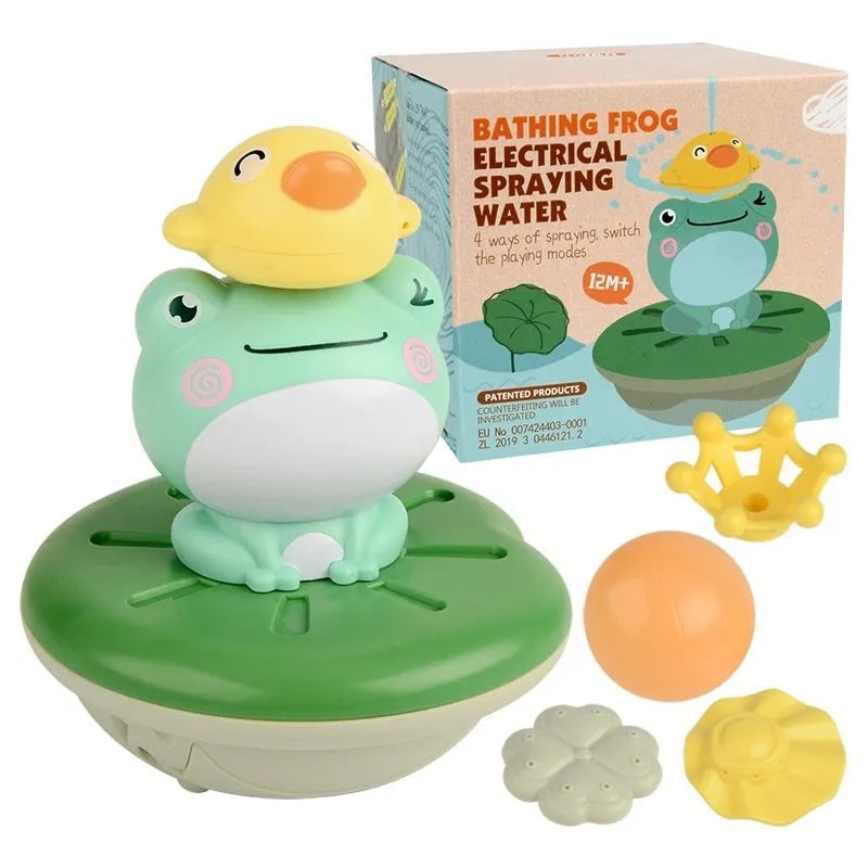 Water spray frog bathroom toy with electric lamplight and rotating shower head, plastic, 12.2 by 13 cm
