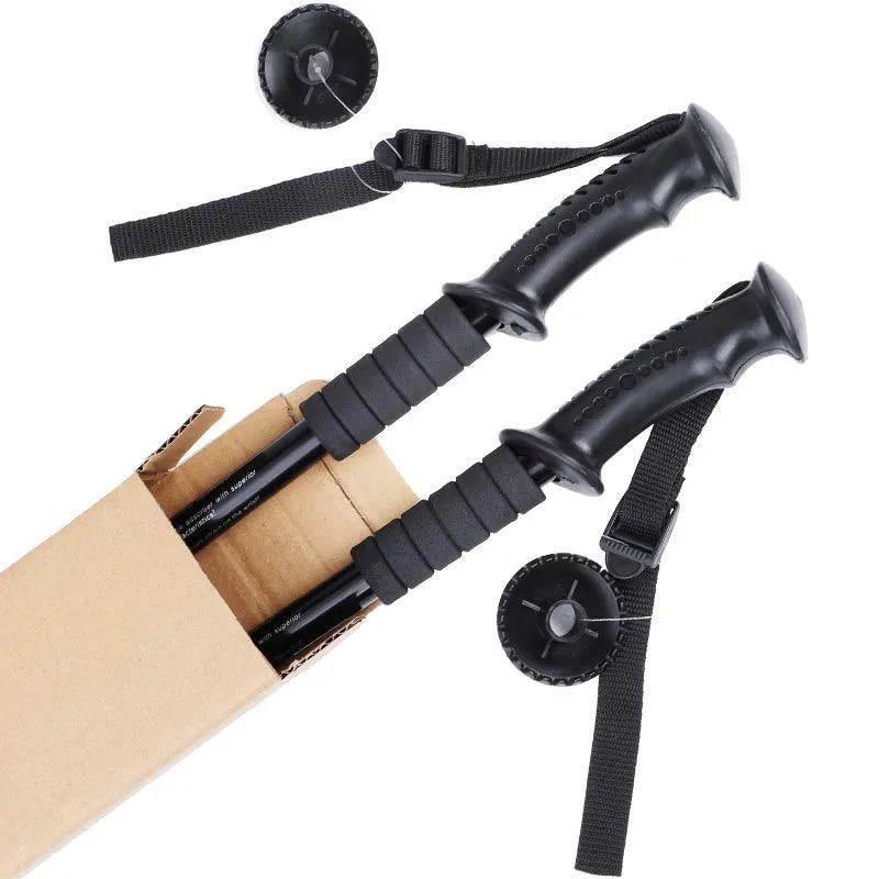 Aluminium alloy adjustable trekking pole extended to full length with mud support accessory attached
