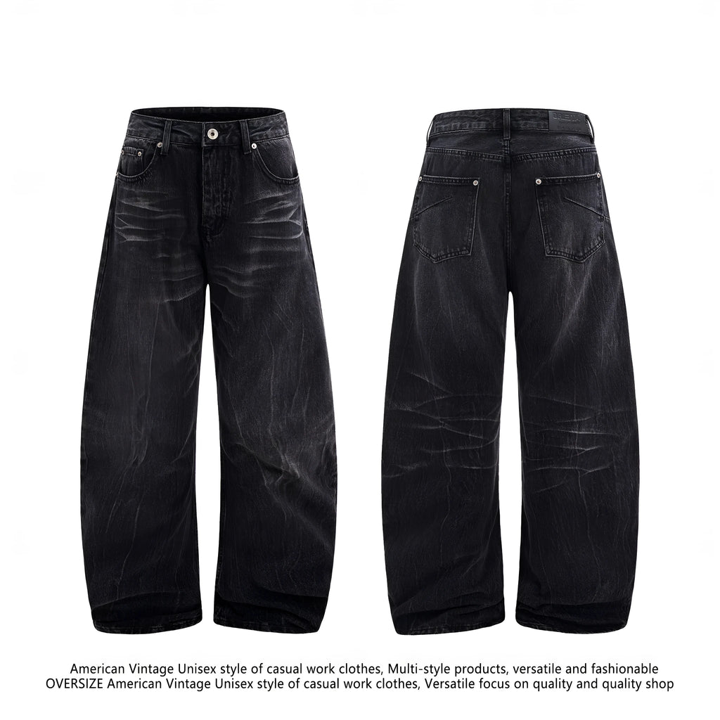 Black mens straight-leg jeans with American washed lightning crack detailing on cotton fabric
