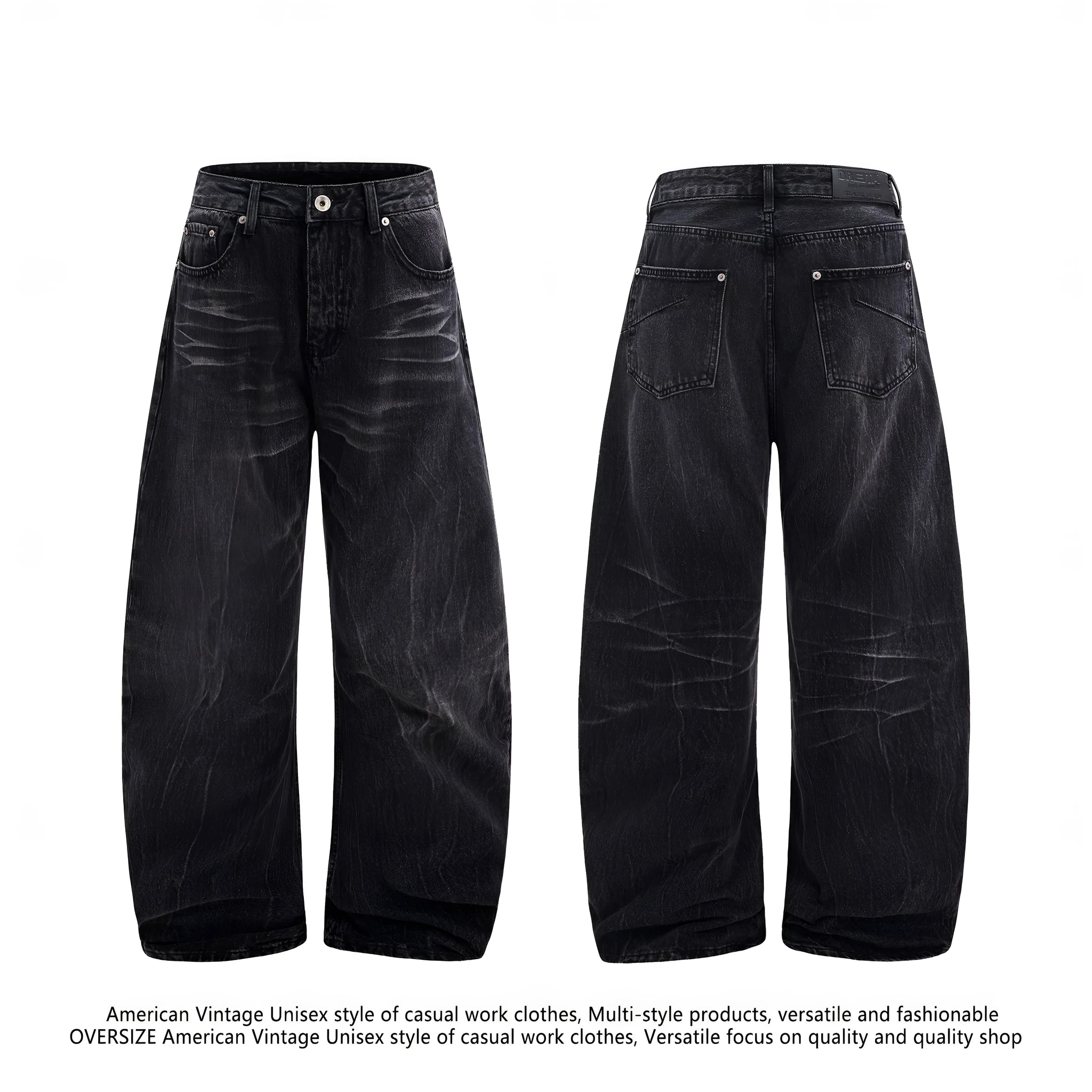 Black mens straight-leg jeans with American washed lightning crack detailing on cotton fabric