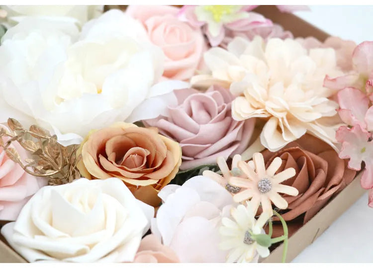 Lotus Pink Champagne Rose silk flower box half-handmade arrangement in decorative box