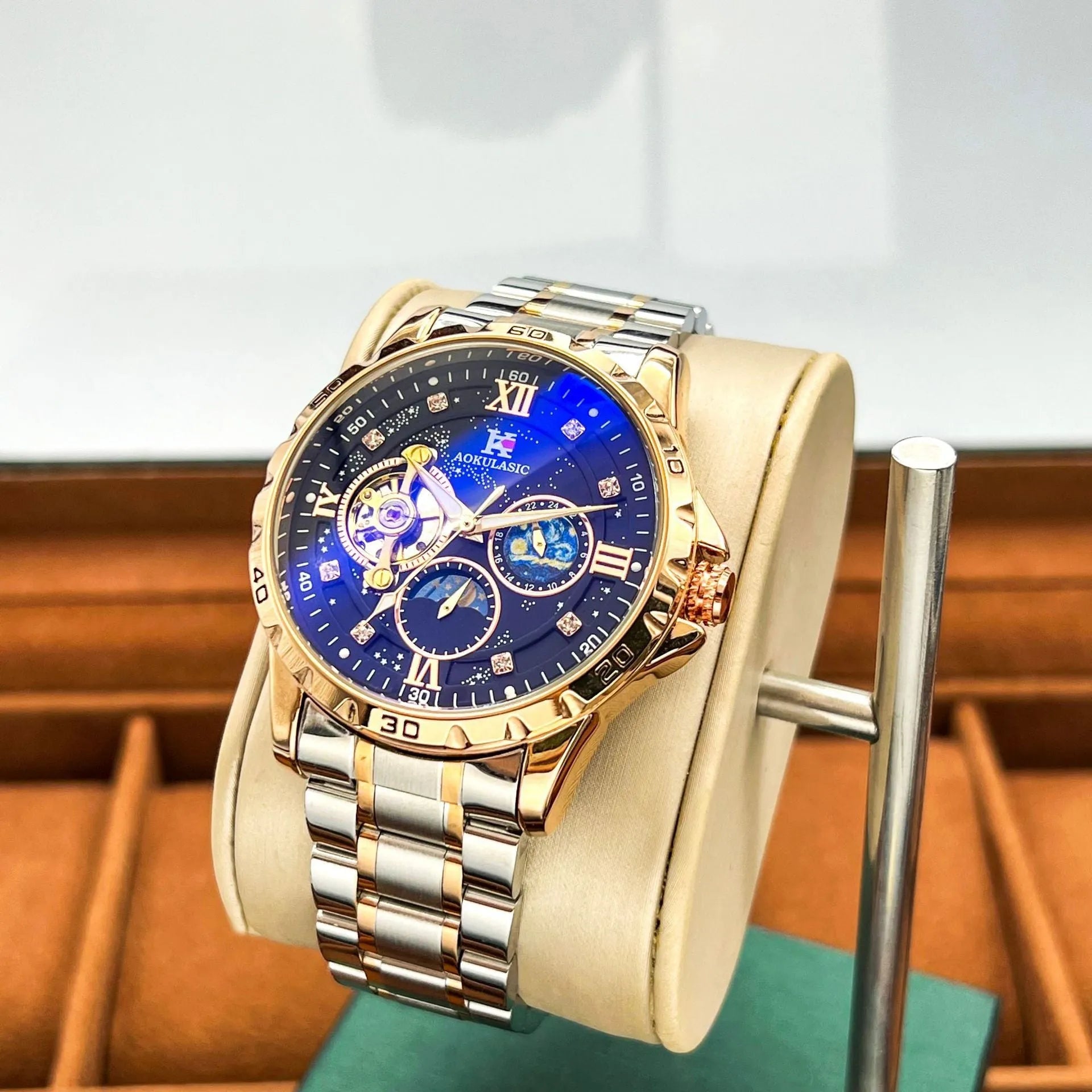 Men's rose gold and black automatic mechanical watch with large dial