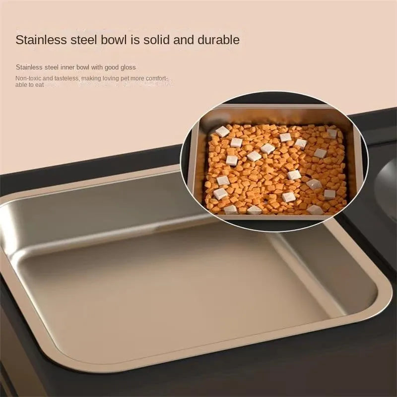 Adjustable height black dog bowl stand with two stainless steel food and water bowls
