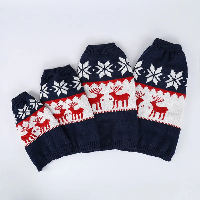 Navy blue knitted Christmas sweater for a dog, shown in a European American fitted style.