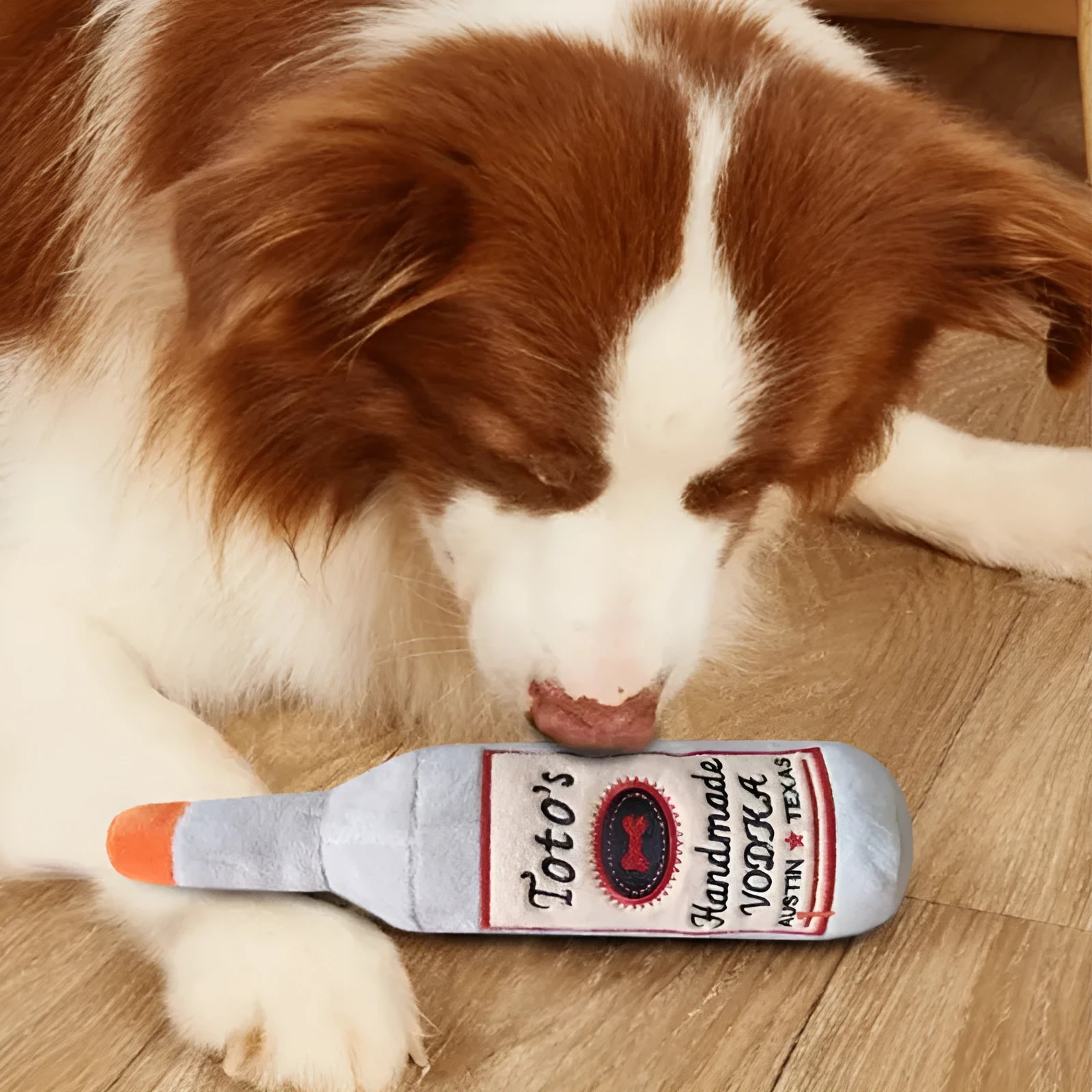 Brown wine bottle shaped plush dog chew toy for dental care and interactive play
