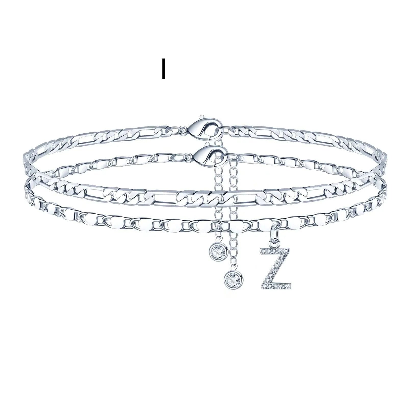 Copper double-circle bead anklet with silver colour finish showing customisable letter styling options
