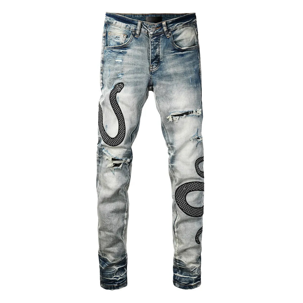 Street fashion distressed skinny jeans in 8934Blue wash with a tight fit and button fly.