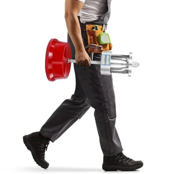 Portable aluminium hub balancer for car wheels with a bull's eye level and enamel-finished base.