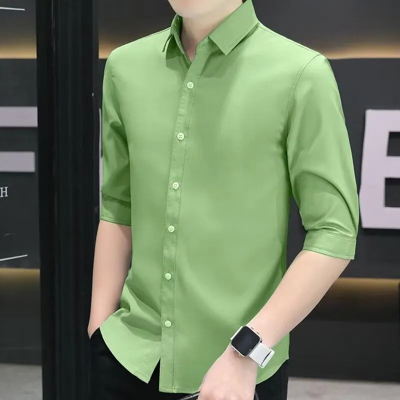 Men's slim-fit linen-blend half-sleeve shirt in light blue on a hanger.