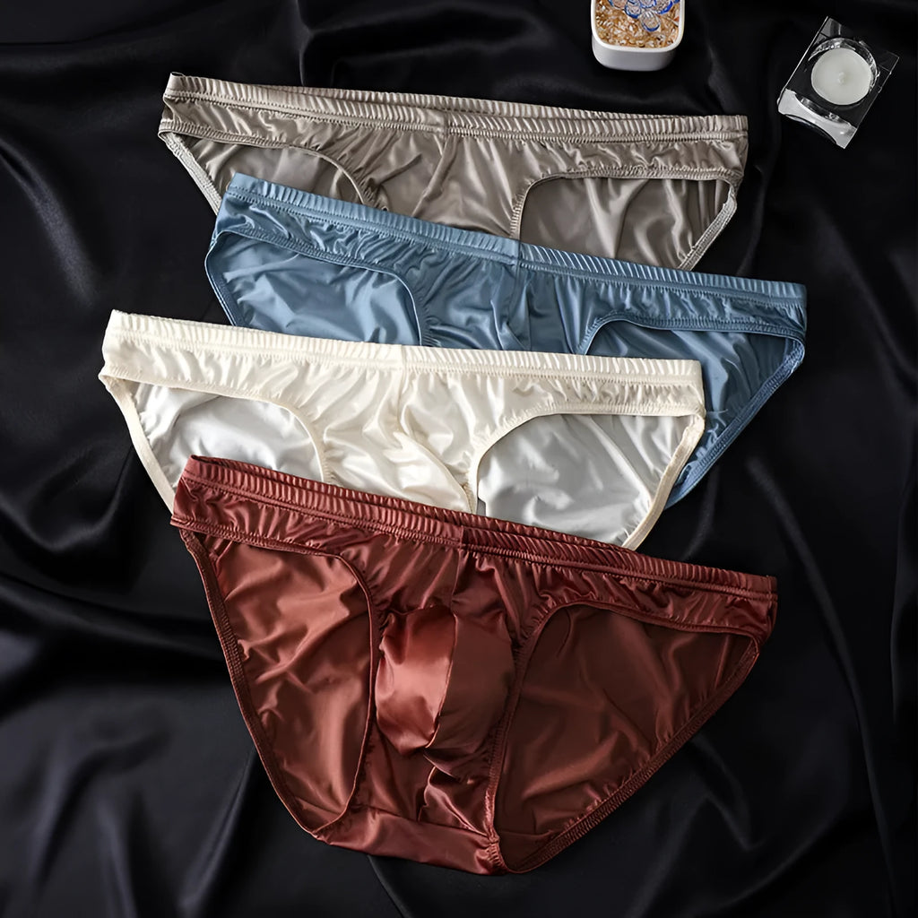 Men's ice silk underwear with satin triangle panel, solid colour, mid waist, knit nylon fabric
