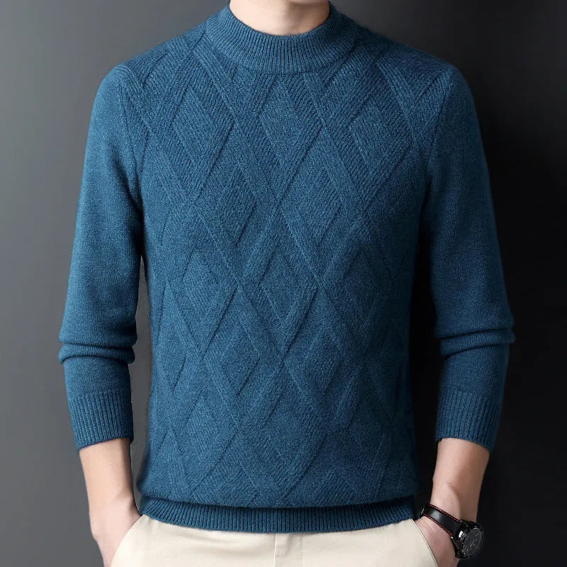 Men's thick winter sweater with diamond jacquard pattern in light camel colour