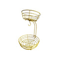 Black double-layer wrought iron fruit basket with two storage tiers and raised bottom plate