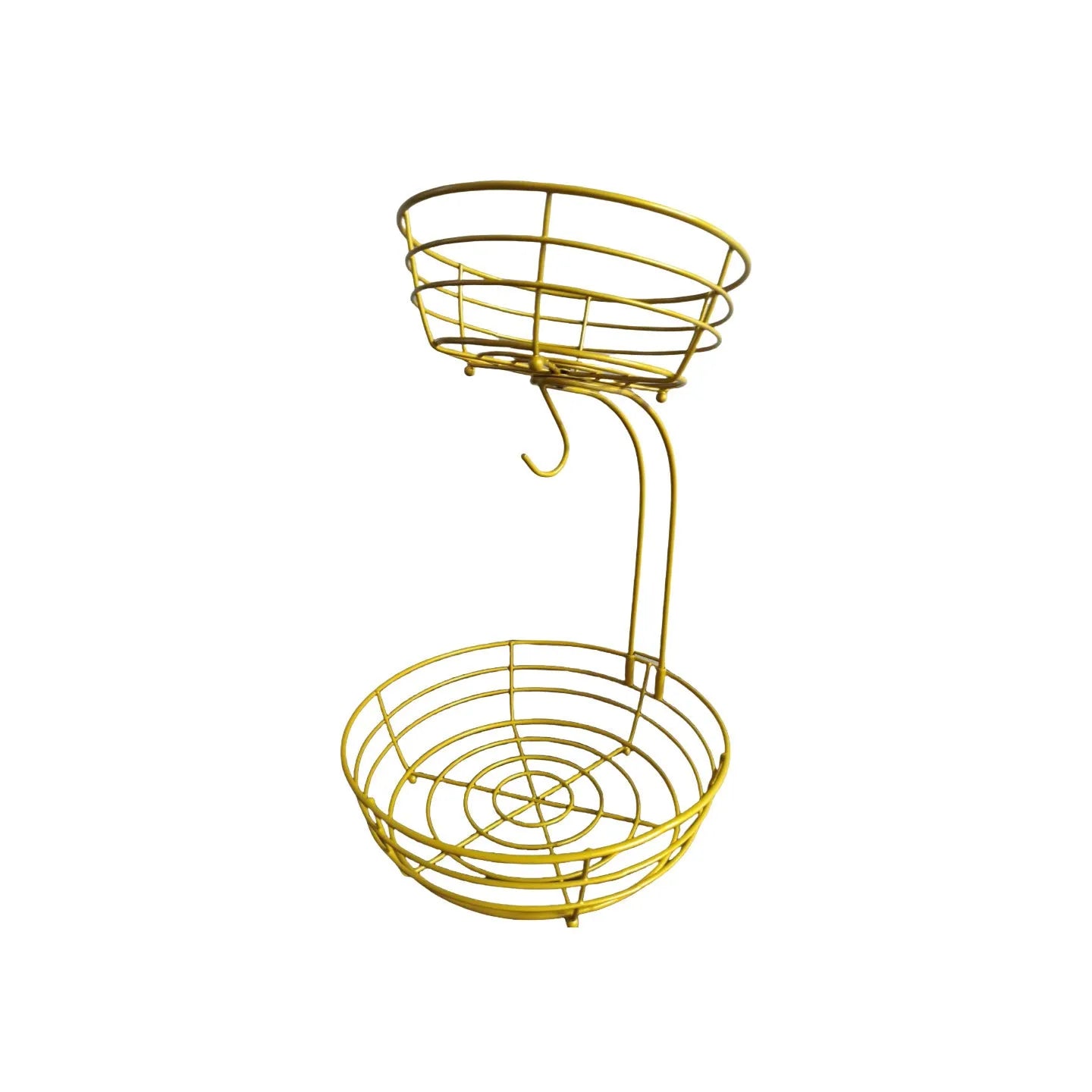 Black double-layer wrought iron fruit basket with two storage tiers and raised bottom plate
