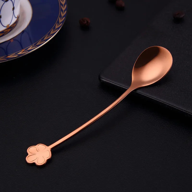 Gold plated 304 stainless steel dessert spoon with engraved flower pattern in multiple colours
