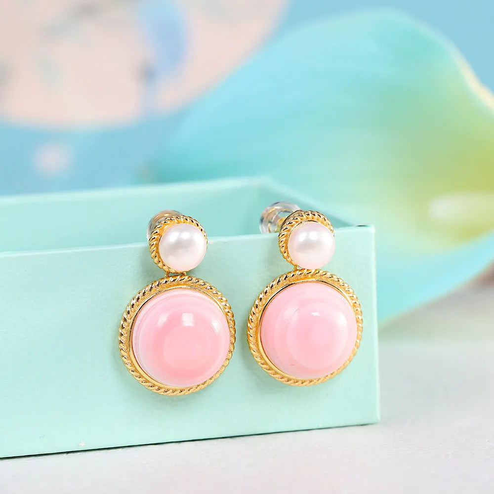 Geometric pink shell stud earrings for women with 925 silver base and gold plating