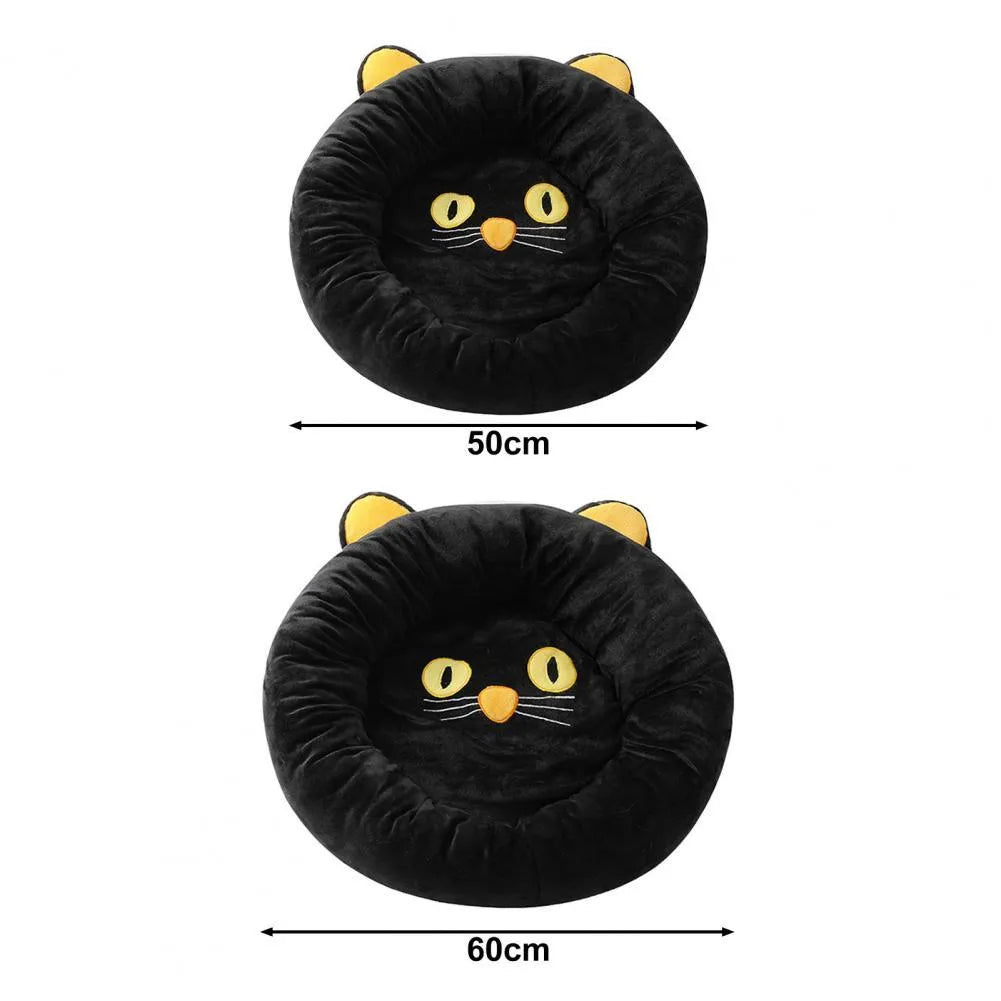 Black cat-shaped velvet pet nest bed with raised edges, shown in small and medium sizes.
