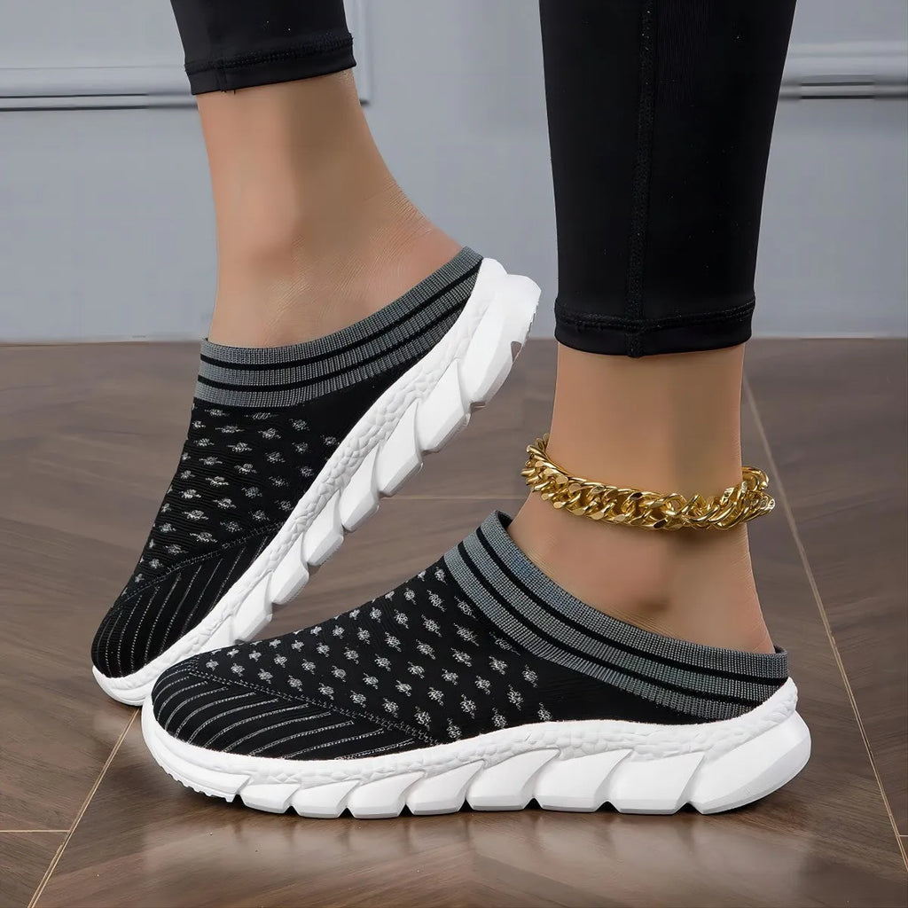 Women's Flyknit semi slippers in black with height-increasing sole and hollowed-out design