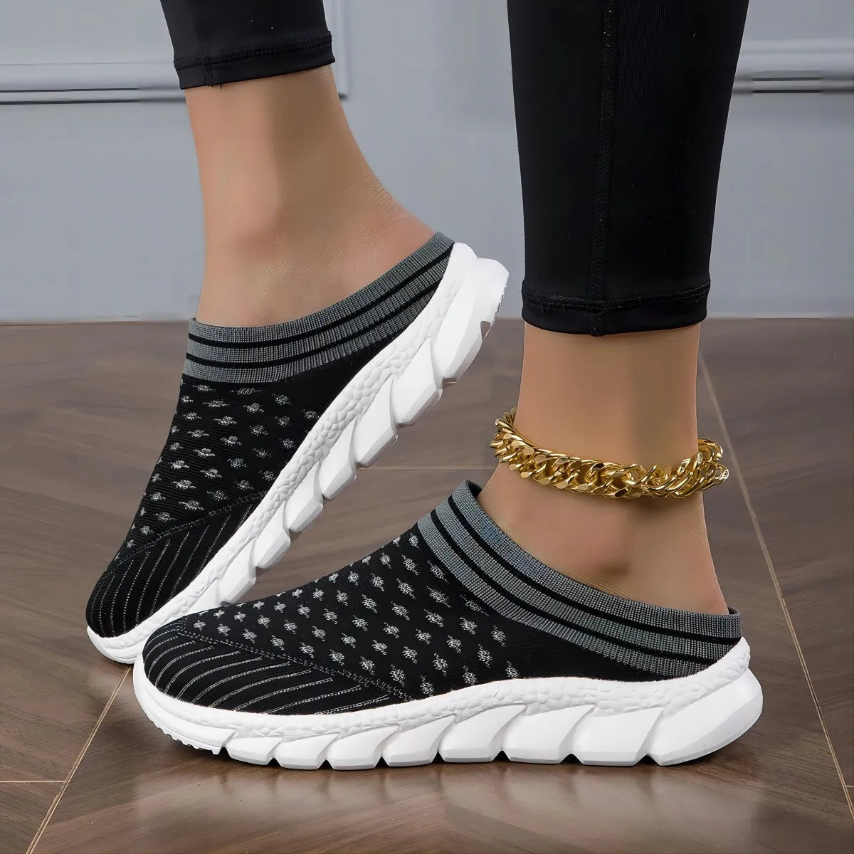 Women's Flyknit semi slippers in black with height-increasing sole and hollowed-out design