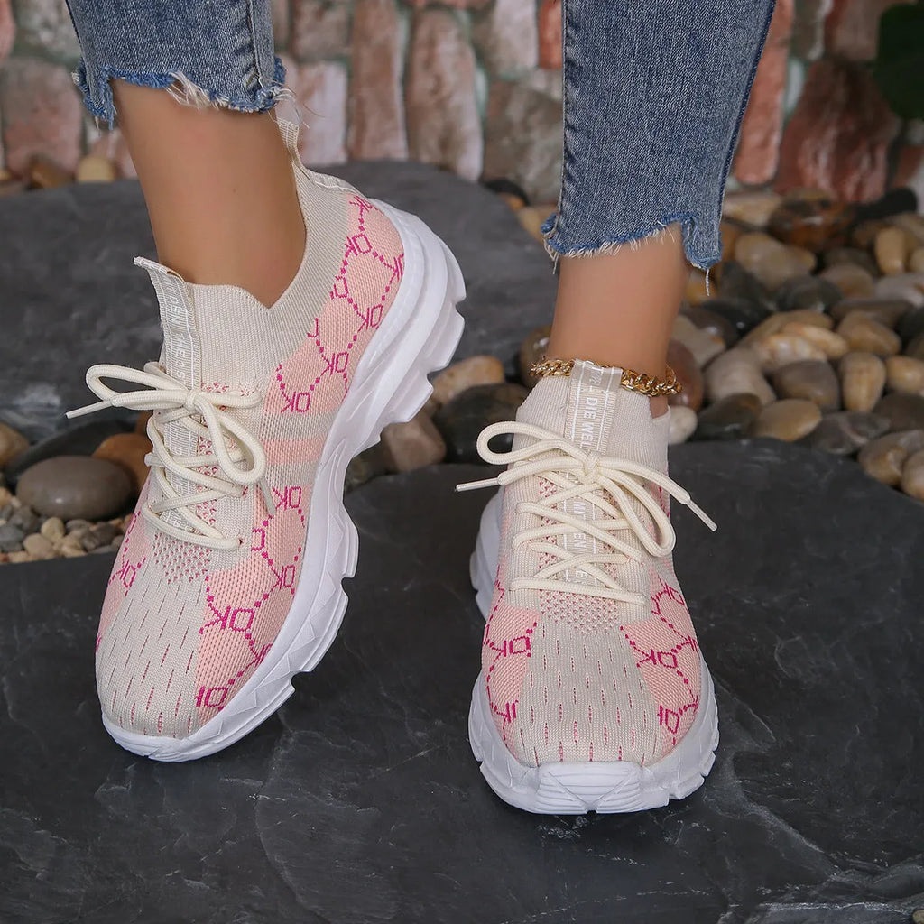 Women's breathable mesh lace-up sneakers in light brown with round toe and low upper