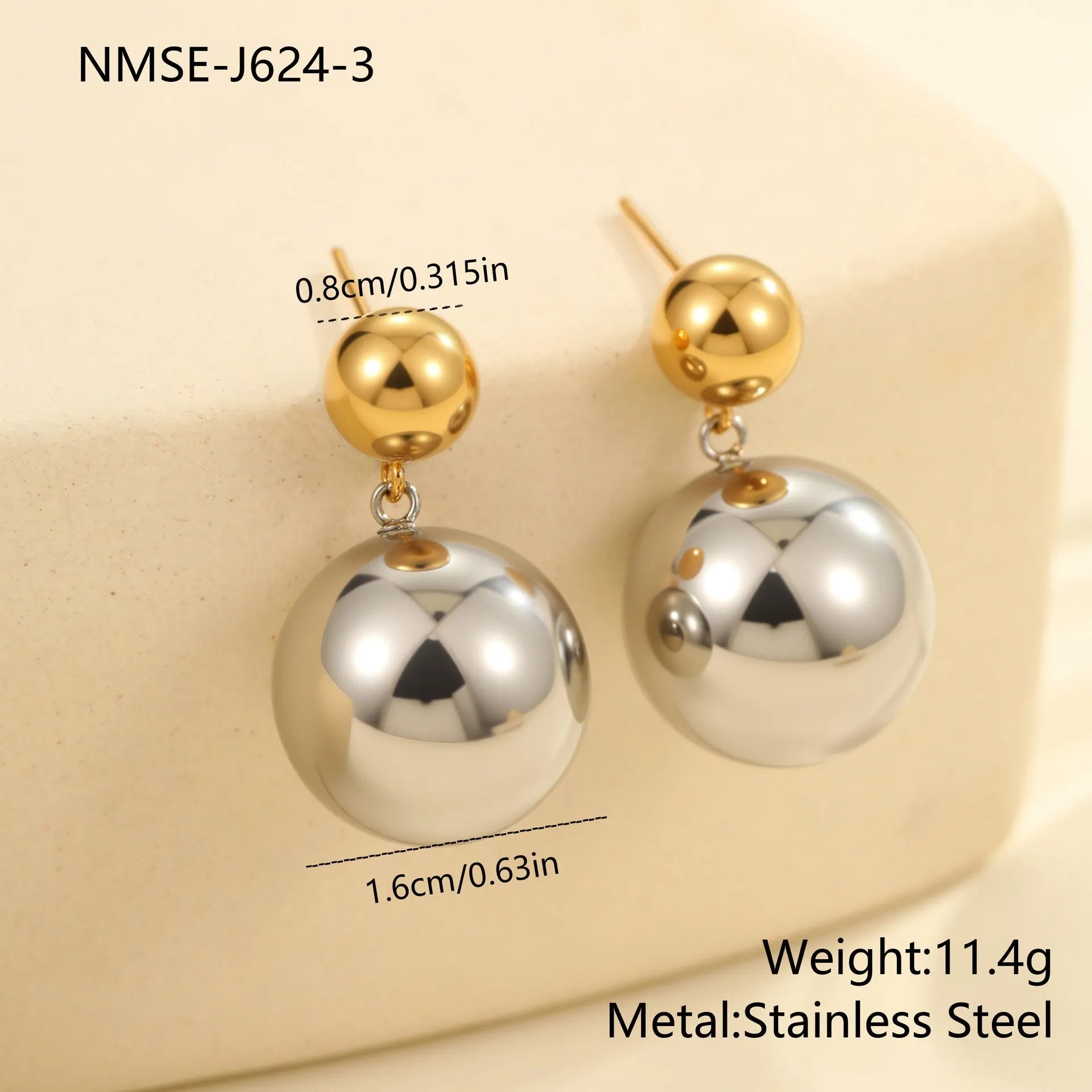 Women's stainless steel colour-block ear studs with round geometric beads and 18K gold plating