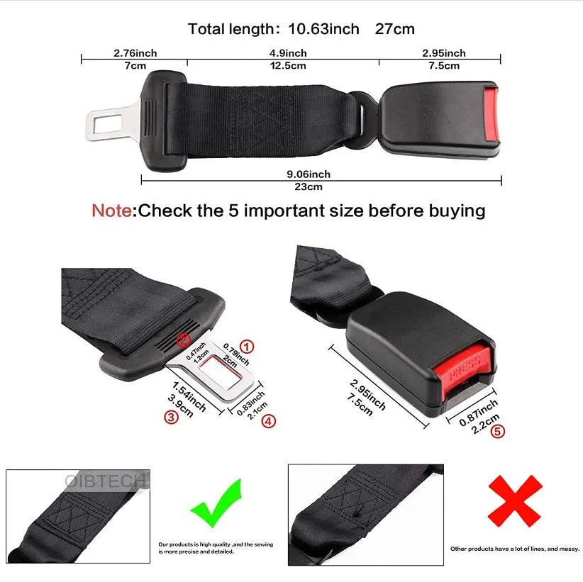 Black 36cm ribbon car seat belt extender for children and pregnant women.