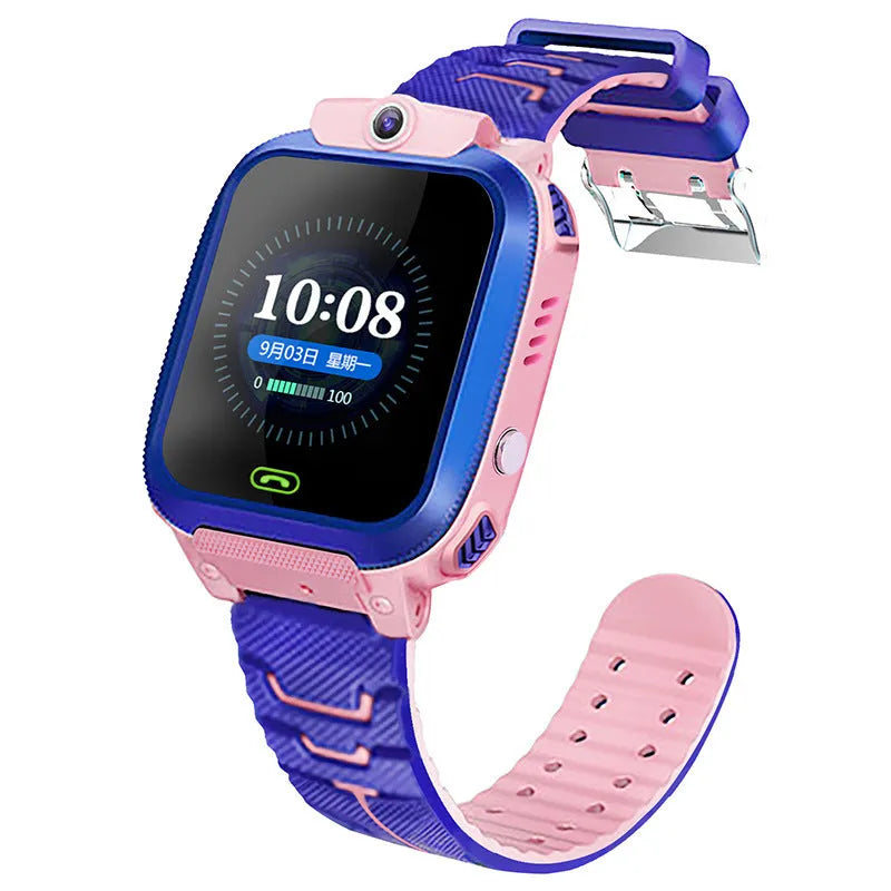 Blue children's waterproof smartwatch phone with colour screen showing GPS and calling functions on a silicone strap.