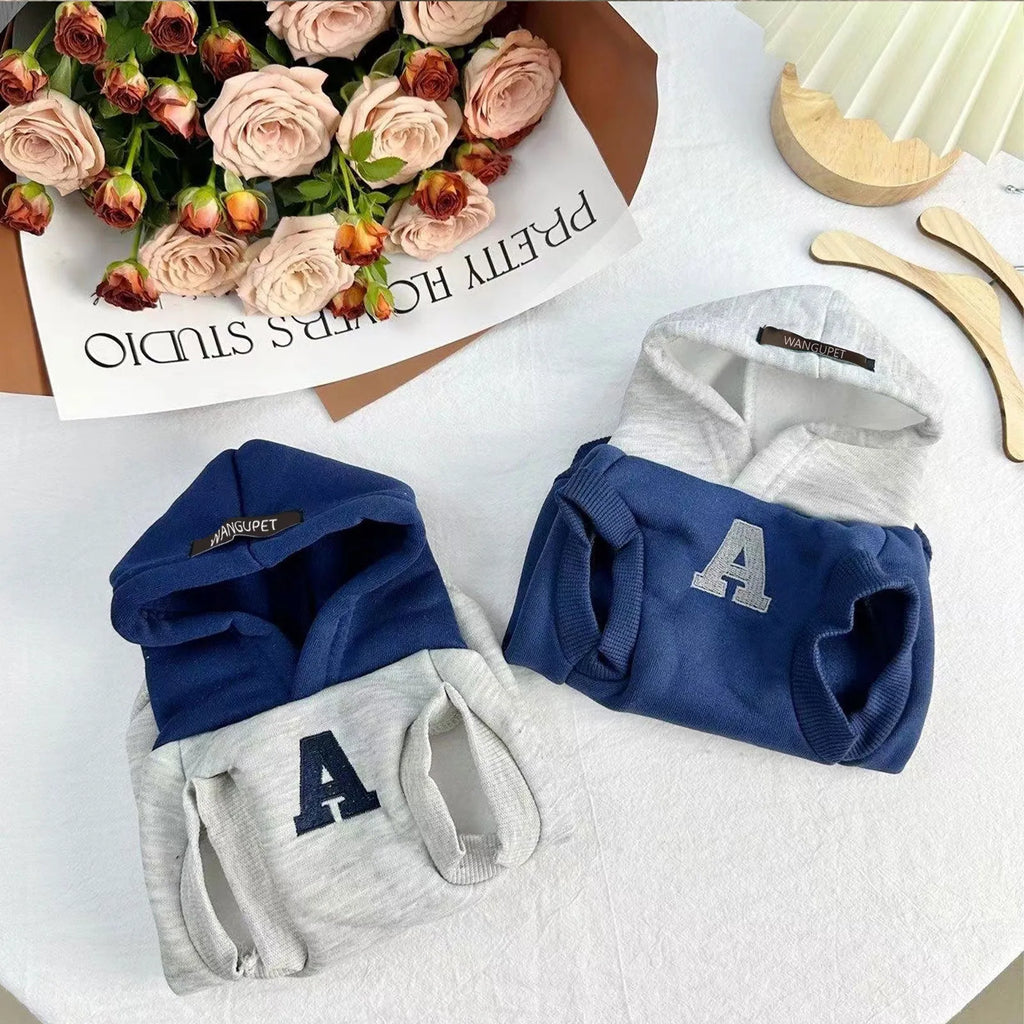 Blue and grey white slim-fit pet jumper with reflective lettering for a dog or cat
