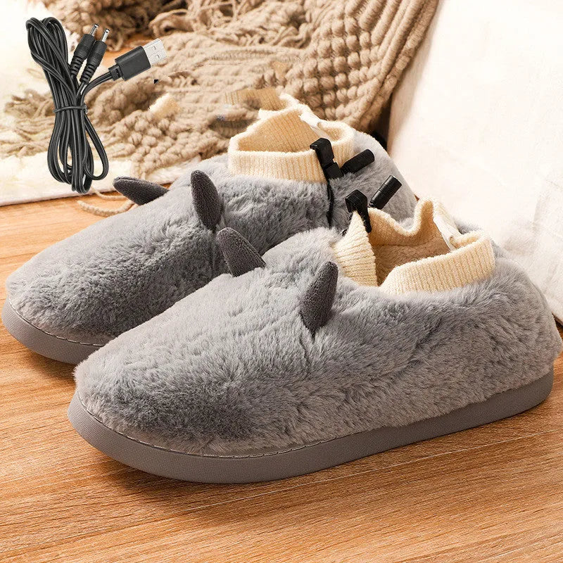 USB electric heating slippers in black, grey, green, or purple with a soft velvet upper and plastic sole.