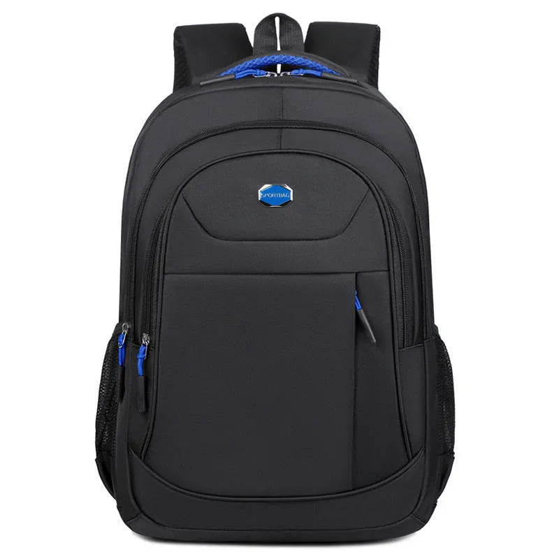 Solid colour Oxford cloth laptop backpack with curved shoulder straps and multi-layer compartments.