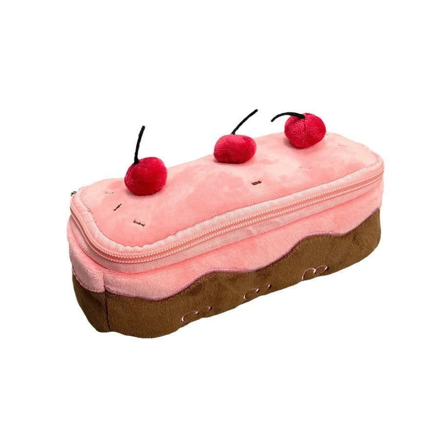 Cherry Cake plush design velvet pencil case in Korean style.
