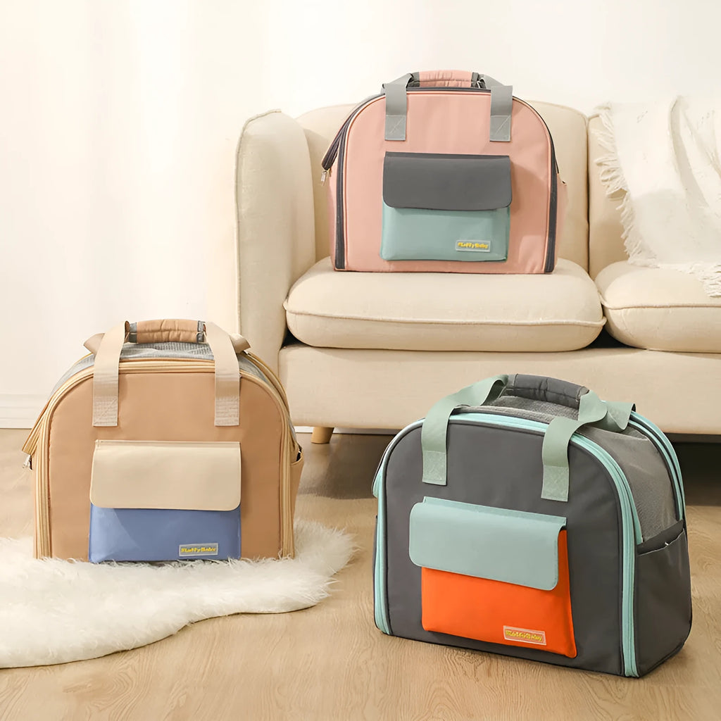Foldable pull-rod pet backpack in nylon, 50-60L capacity, shown in Grey, Khaki, or Pink