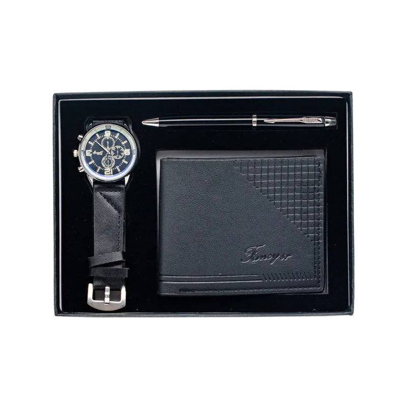 Creative holiday gift set containing a brown wallet, pen, and watch inside an open gift box.