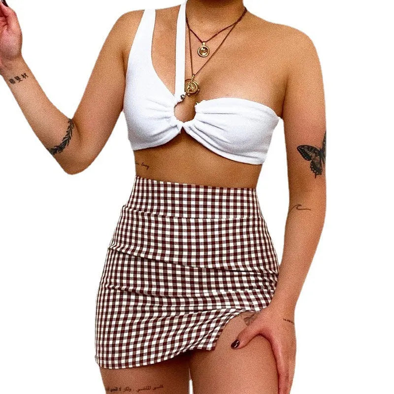 Women's ribbed hollow-out crop top with double straps in white showing fitted silhouette and cropped length