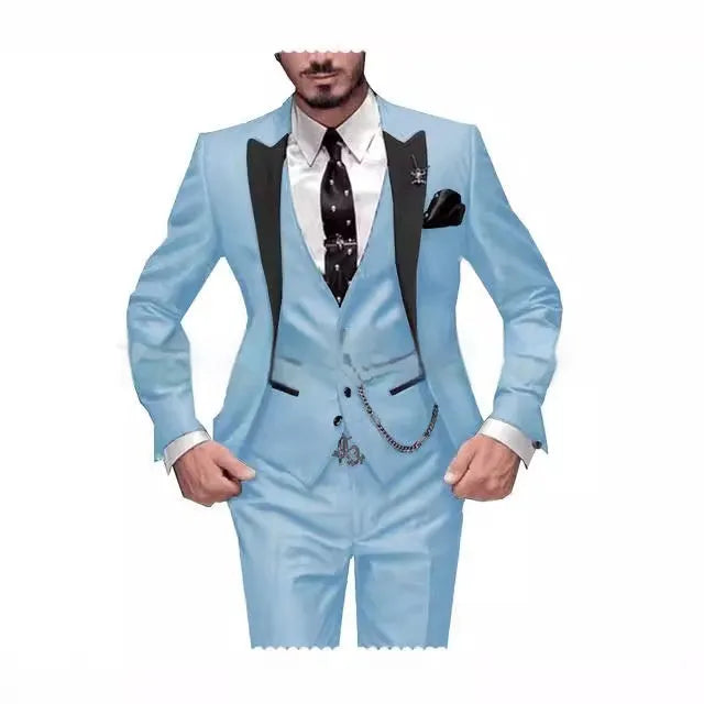 Black collar color block nylon three piece suit set with blazer vest and trousers for light business wear