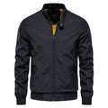 Men's thin solid colour casual polyester jacket in dark blue on a hanger