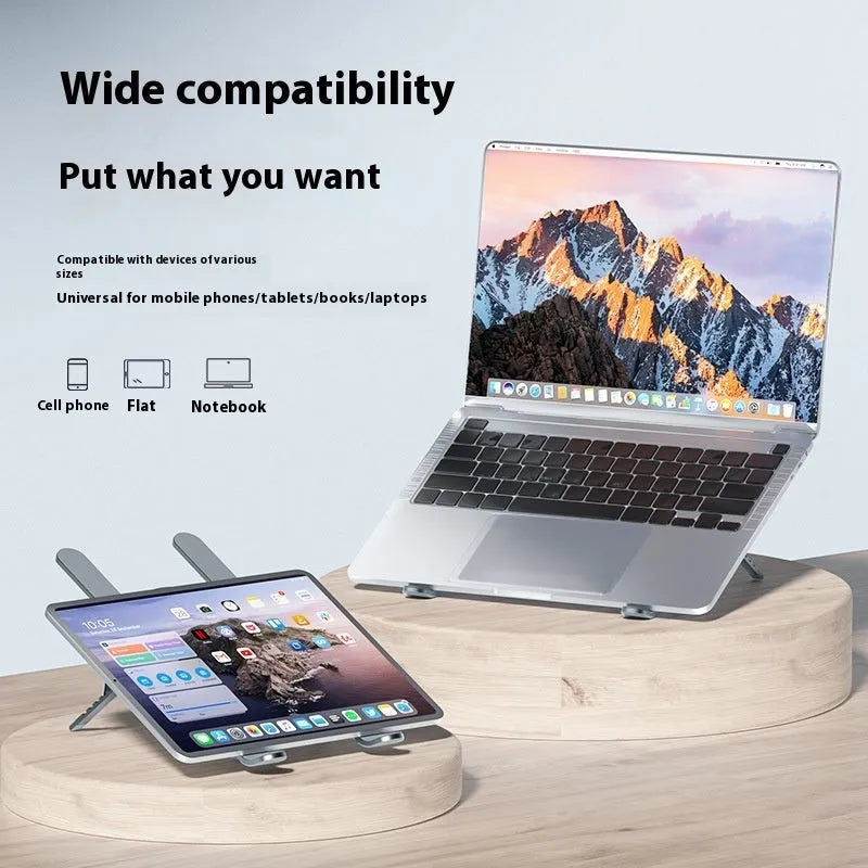 Silver aluminium laptop cooling stand with twin fans and adjustable height mechanism folded for storage