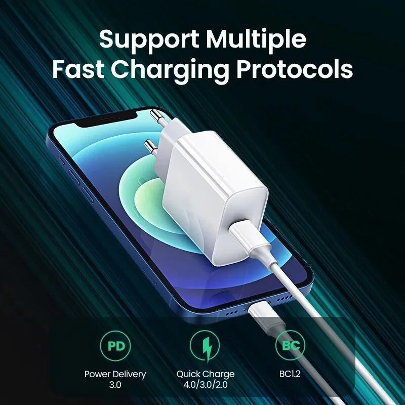 White 20W USB-C PD fast wall charger showing Type-C port and international plug compatibility.