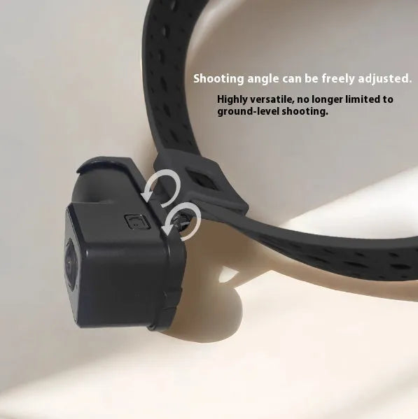 Black wearable wifi neckband camera recorder on a table with TYPE-C cable, dimensions 61.5x27x27mm.