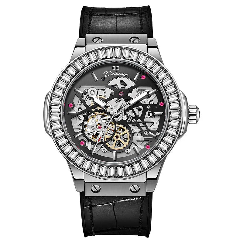 Automatic mechanical men's watch with hollow dial, diamond studs, and a white shell case.