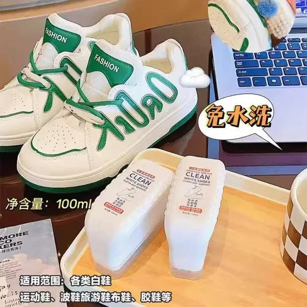 White shoes dry cleaning agent with brush head and detergent bottle for leather shoe scrubbing