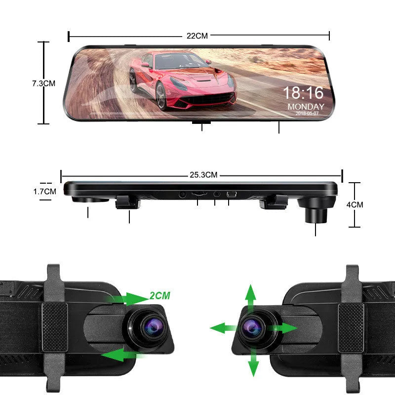 10 inch HD rearview mirror driving recorder with 170° wide angle 12MP camera in black