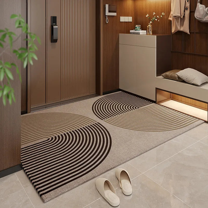 Polyester non-slip entrance door mat with geometric pattern, stain resistant, available in multiple sizes and colours.