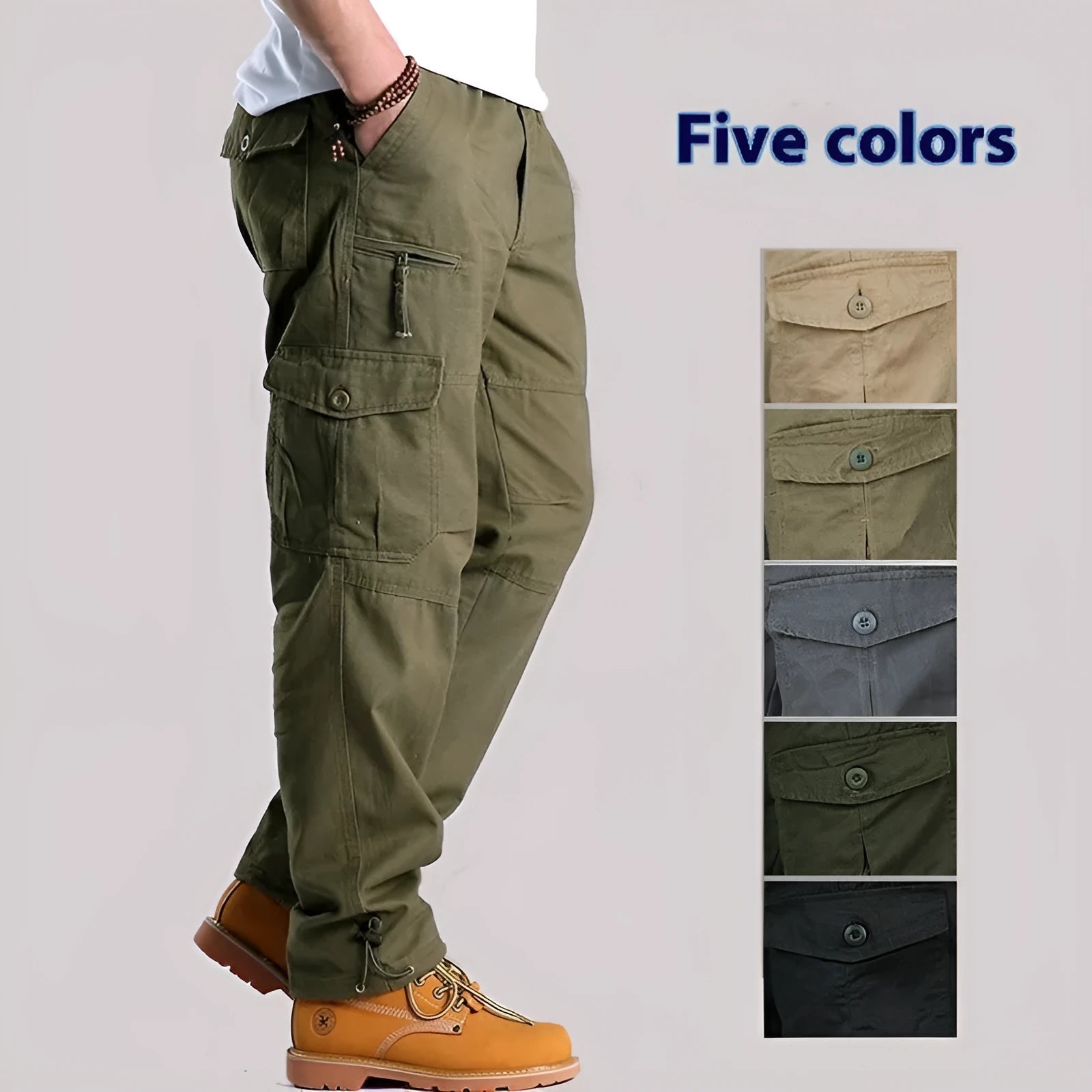 Men's loose fit spring autumn outdoor overalls in khaki cotton blend with zip placket fly